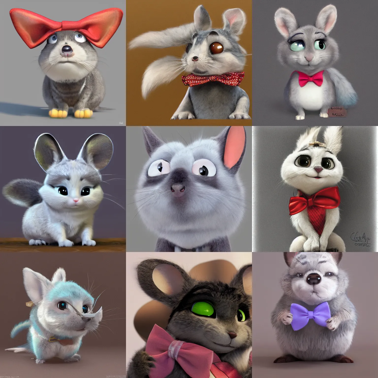 Prompt: very cute disney pixar chinchilla wearing a bow tie, detailed fur, concept artwork, 3 d render official art, zootopia, cartoony, adorable design, disney disney, large eyes, whiskers hq, artstationhd, pixar, luca