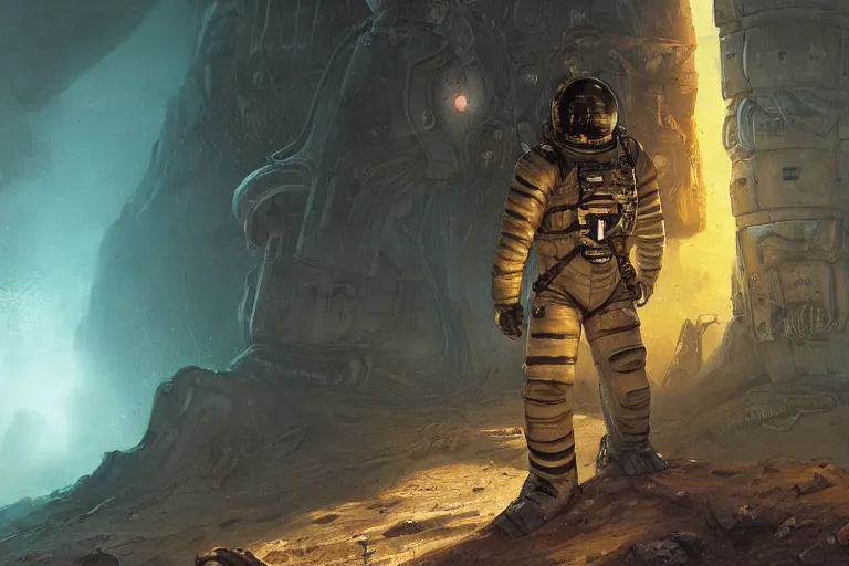 Prompt: Dead Space themed Astronaut standing by alien ruins, Industrial Scifi, detailed illustration, Chiaroscuro, concept art, by Martin Grip and Moebius