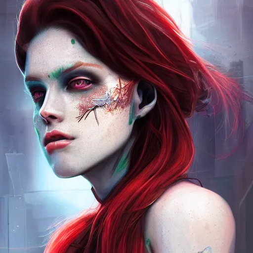 Prompt: a portrait of a beautiful cyborg girl, red hair, glowing green eyes, urban motifs, intricate, elegant, highly detailed, digital painting, trending on artstation, concept art, smooth sharp focus, illustration, raytracing, 8 k rendering, global illumination