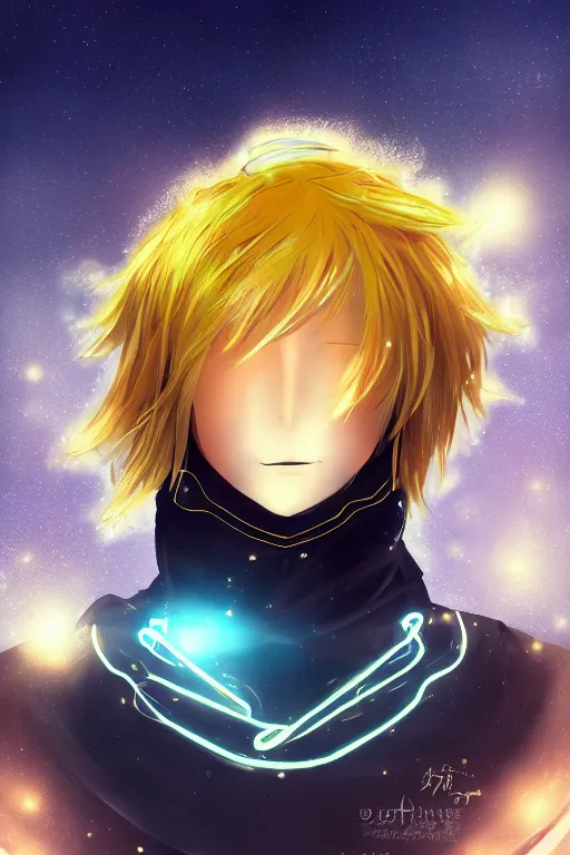 Prompt: golden glowing luminescent male anime character, blonde hair, rich eyes, symmetrical, highly detailed, digital art, sharp focus, trending on art station, afro hair, electricity everywhere
