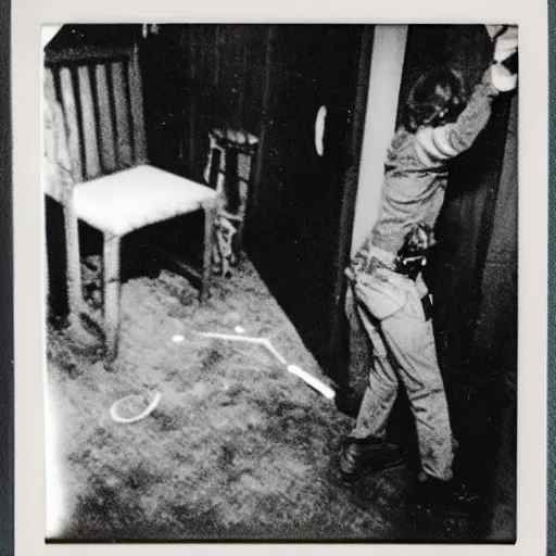 Prompt: a crime scene polaroid photo of a zombie attack