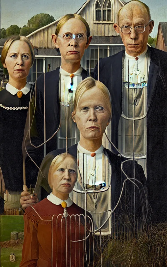 Image similar to boris johnson and liz truss standing together painting in the style of american gothic frant wood, hyper real ,