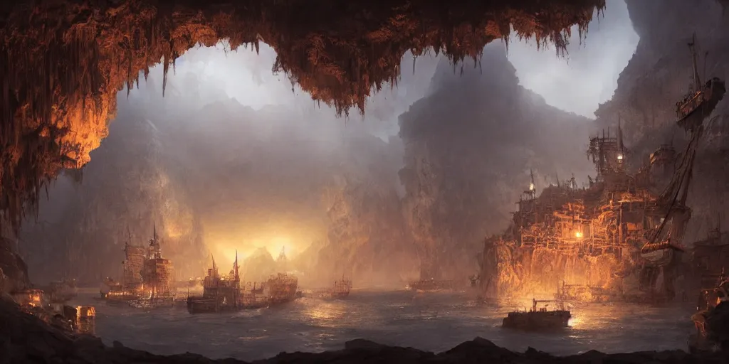 Image similar to a secret pirate town and harbor, in a cave. underexposed, dark, centered. atmospheric matte painting by darek zabrocki and emmanuel shiu, 4 k ultra detailed, cinematic.