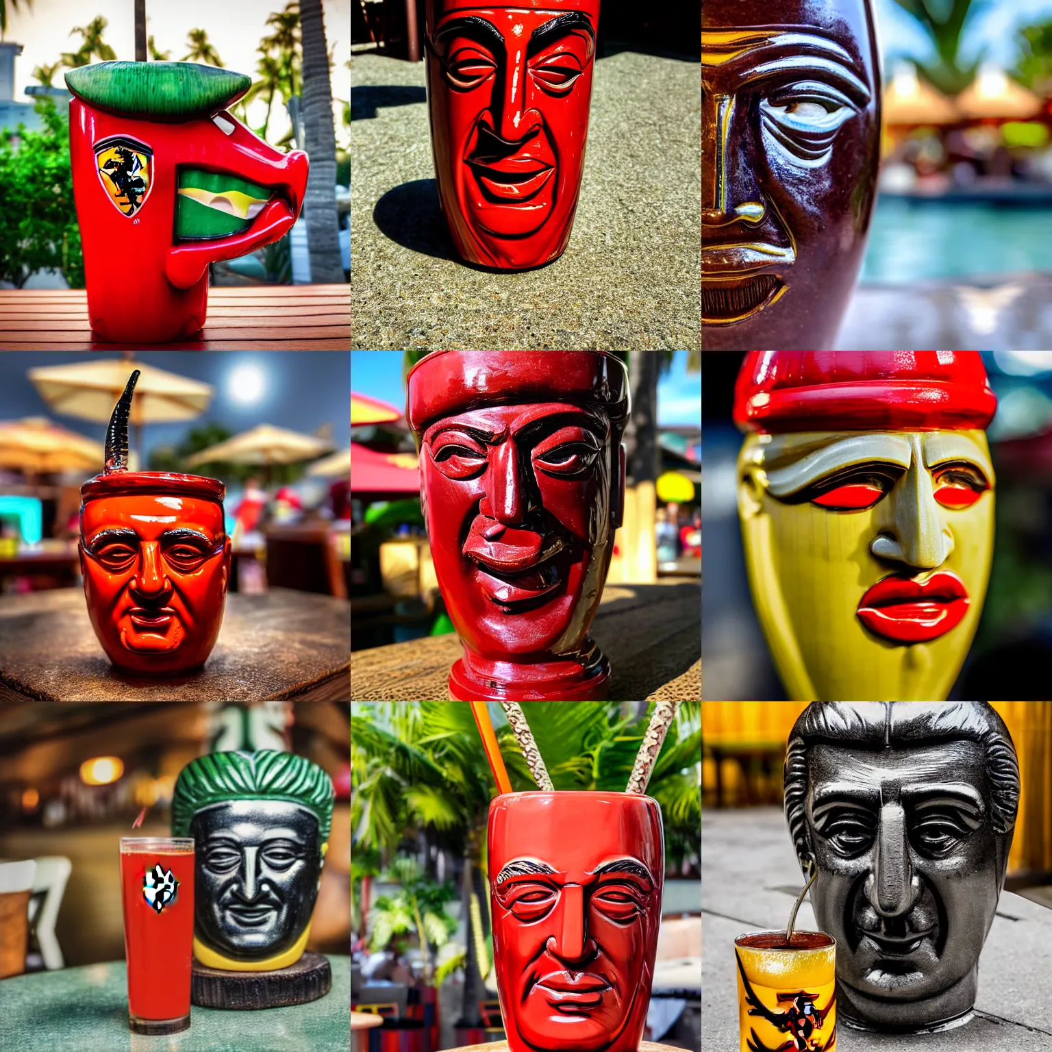 Prompt: a closeup photorealistic photograph of a glossy ferrari themed tiki mug at at an outdoor trader vic's bar featuring the young enzo ferrari's face. tiki theme. bright scene. fine detail. this 4 k hd image is trending on artstation, featured on behance, well - rendered, extra crisp, features intricate detail, epic composition and the style of unreal engine.