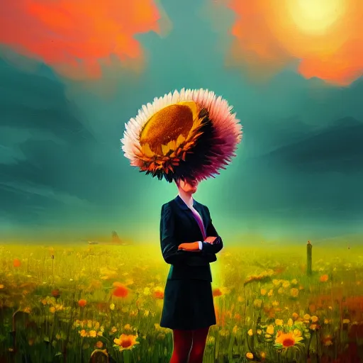 Image similar to giant daisies flower head, frontal, girl in a suit, surreal photography, sunrise, dramatic light, impressionist painting, digital painting, artstation, simon stalenhag