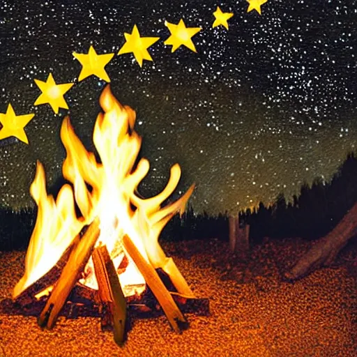 Image similar to a comfy crackling outdoor campfire in front of a very dark background of yellow illustrated stars, astrophotography, warm muted colors, cut paper photo collage with photograph and illustration
