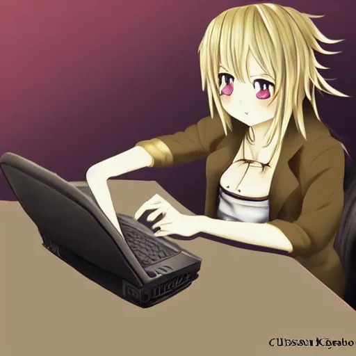 Image similar to marisa kirisame anime art, cafe, typing on laptop