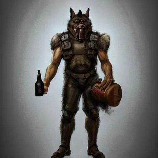 Prompt: a humanoid german shepherd beast - man in military style, holding a bottle of beer, artstation, concept art, smooth, sharp foccus ilustration, artstation