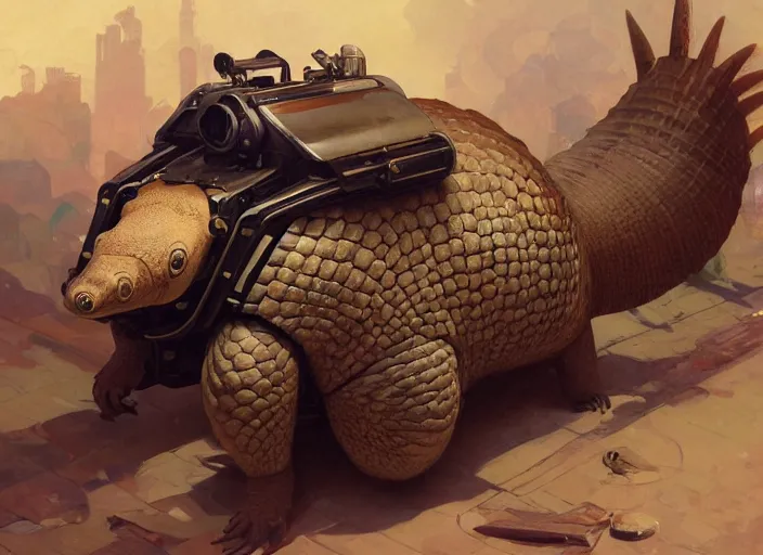 Prompt: a giant armadillo with a giant cannon in his back, exoskeleton, technology, elegant, highly detailed, digital painting, artstation, concept art, smooth, sharp focus, illustration, art by krenz cushart and artem, demura and alphonse mucha