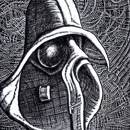 Prompt: plague doctor, detailed, pen and ink, stippling