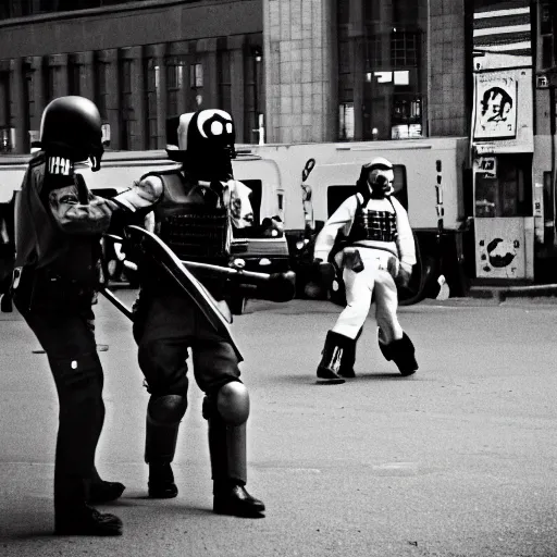 Prompt: a riot cop beating a clown, leica m 9, voigtlander 3 5 mm, 1 9 6 0 s