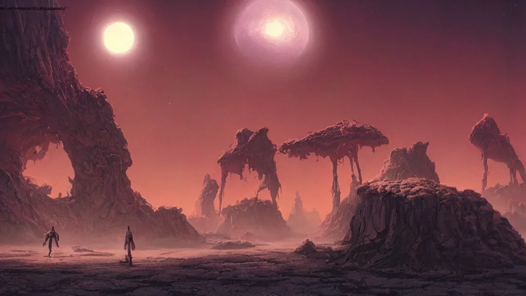 Image similar to eerie atmospheric alien worlds by michael whelan and stephan martiniere, cinematic matte painting