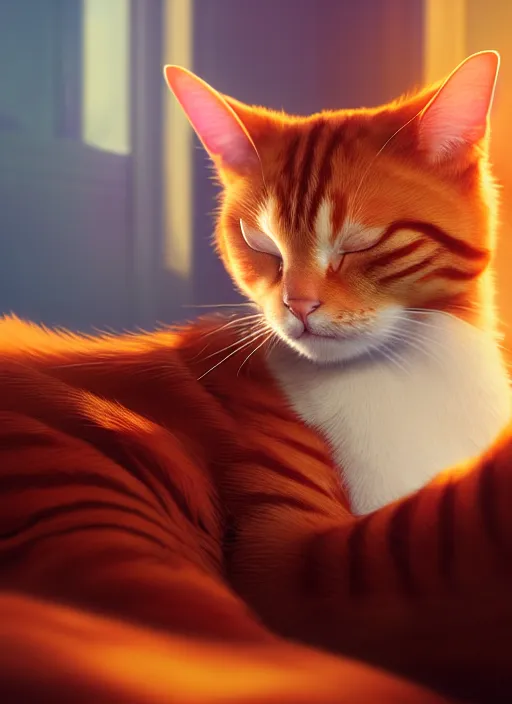 Prompt: a portrait of ginger cat, sleeping in a messy bedroom, sun - rays, studio ghibli, pixar and disney animation, sharp, rendered in unreal engine 5, anime key art by greg rutkowski, bloom, dramatic lighting