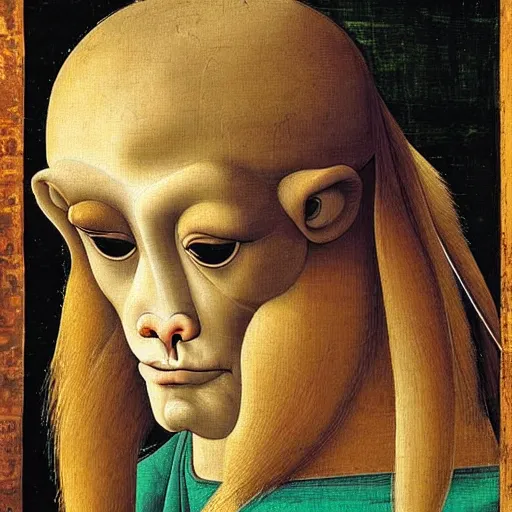 Image similar to a philosopher monkey pondering!!!!!!!!! intensely, portrait, by sandro botticelli