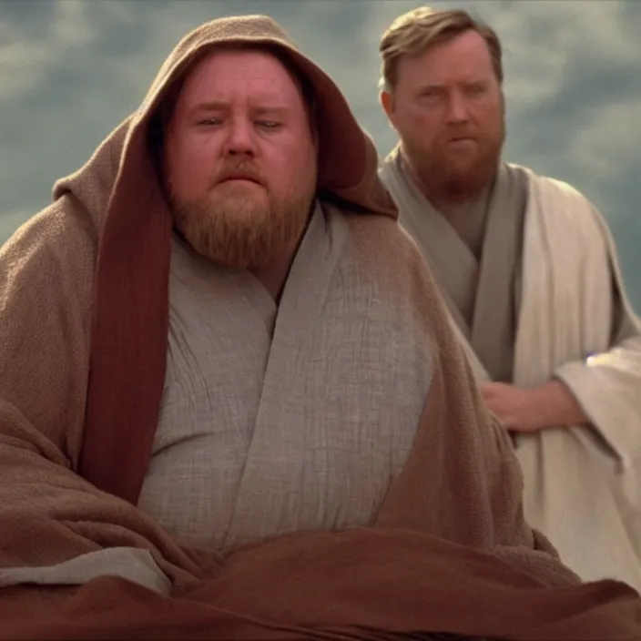 Image similar to obi wan kenobi but obese!! and overweight, photoralistic rendering, movie still, screenshot, hyperdetailed