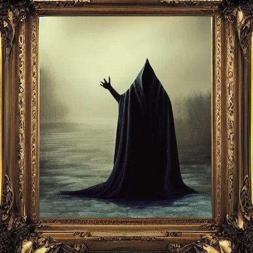 Image similar to ominous bedsheet ghost standing on a frozen lake, oil painting, brush strokes, gloomy foggy atmosphere, symmetrical, full body image, highly ornate intricate details,