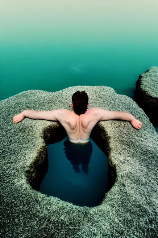 Image similar to high quality pastel coloured film mid angle docu photograph of a beautiful young 2 0 year old male, soft features, short black hair, swimming, submerging in an icelandic black rock pool environment. atmospheric. three point light. photographic. art directed. ( pastel colours ). volumetric light. clearcoat. waves glitch. 8 k. filmic.