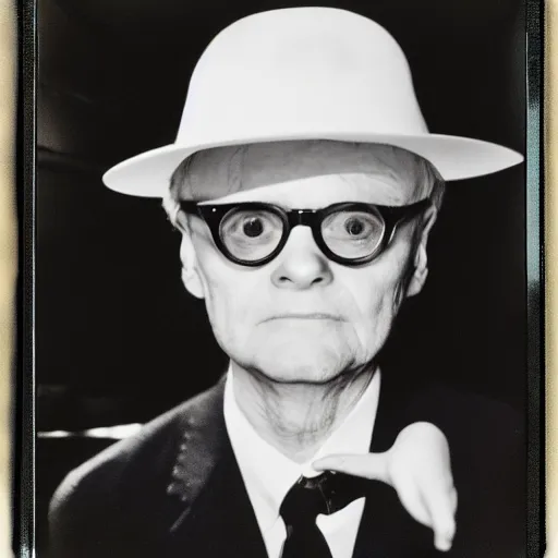 Image similar to medium-shot neat polaroid photo of Truman Capote wearing a hat, holding a big snake, by Andy Warhol