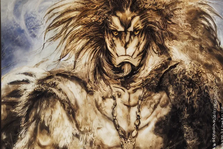 Image similar to 8k Yoshitaka Amano painting of upper body of a young cool looking lion beast-man at a medieval market at windy day. White mane, Depth of field. He is wearing complex fantasy armors. He has huge paws. Renaissance style lighting.