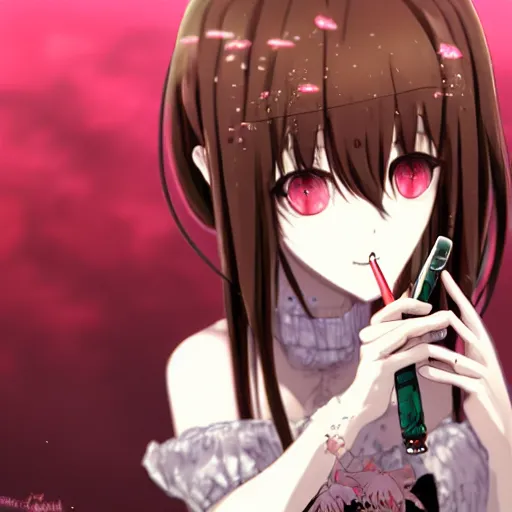 Image similar to red-eyed beautiful shoggoth anime girl smoking a cigarette deviantart by amano yoshitaka hyperreality hd detailed