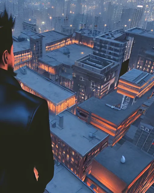 Prompt: a night rooftop scene, close up shot of a photorealistic gangster wearing a trench coat looking at the city below, unreal engine, hyper realism, realistic shading, cinematic composition, 4K ultra high resolution