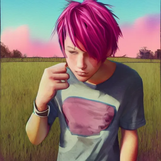 teen boy, pink hair, casual clothes, fields in the | Stable Diffusion ...