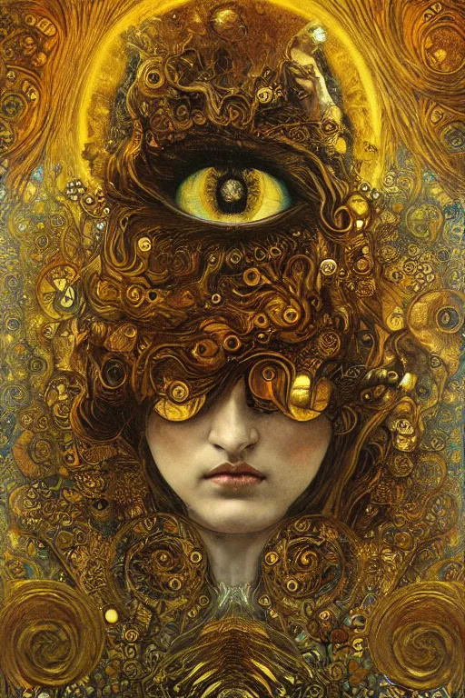 Image similar to Divine Chaos Engine by Karol Bak, Jean Deville, Gustav Klimt, and Vincent Van Gogh, sacred geometry, visionary, mystic, spiritual, fractal structures, ornate gilded medieval icon, third eye, spirals