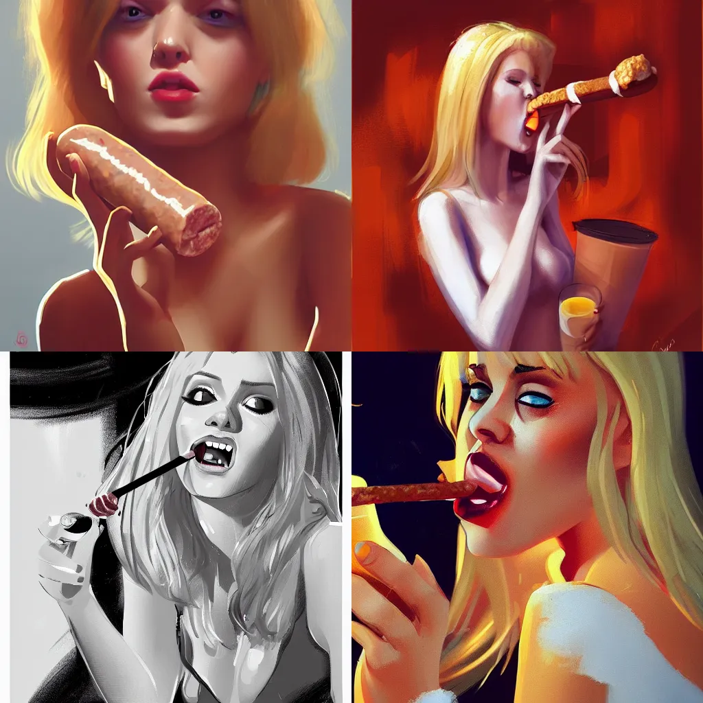 Prompt: a blonde lady drinking a sausage in a nightclub, grek rutkowski, artstation