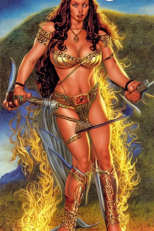 Prompt: Kagney Linn Karter as a beautiful female warrior by larry Elmore, Jeff easley and Boris Valejo and Julie Bell