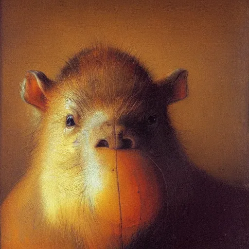 Prompt: Rembrandt portrait painting of a capybara with an orange on its head