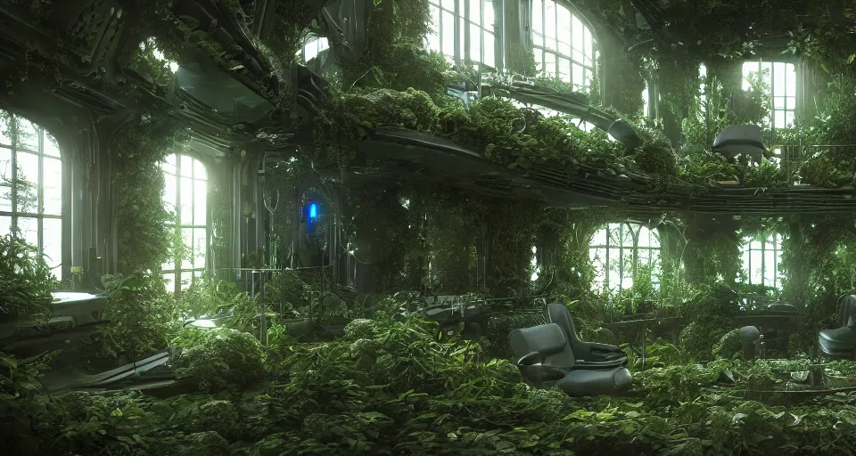 Image similar to inside a spaceship living quarters overgrown with plant life and ivy, artgerm, yoshitaka amano, gothic interior, 8 k, octane render, unreal engine