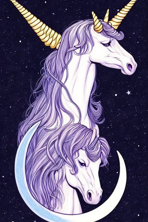 Prompt: comic cover art portrait of a majestic unicorn superimposed over a crescent moon, dnd, high fantasy digital illustration, by jenny frison and sana takeda, intricate details, stunning inking lines, flat colors, 4 k, hd, artstation