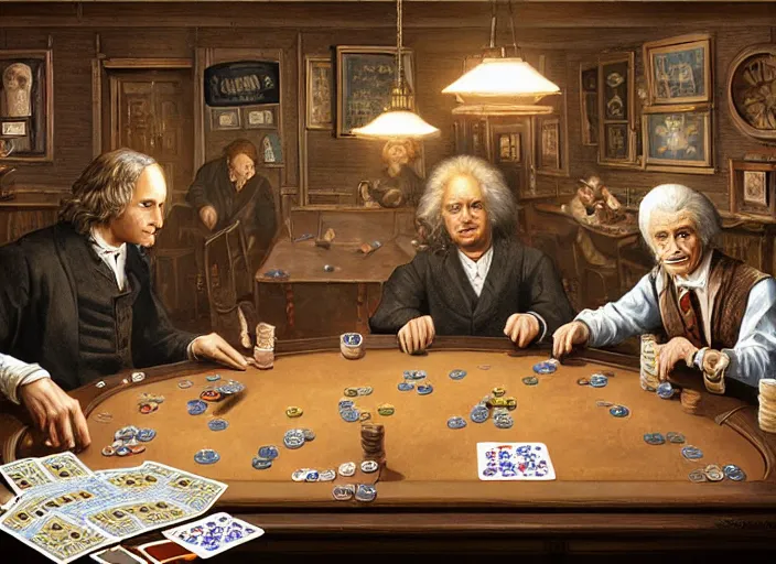Prompt: family portrait of isaac newton and stephen hawkins and einstein playing poker in an old west saloon, intricate, elegant, highly detailed, centered, digital painting, artstation, concept art, smooth, sharp focus, illustration, art by todd lockwood and donato giancola and greg rutkowski