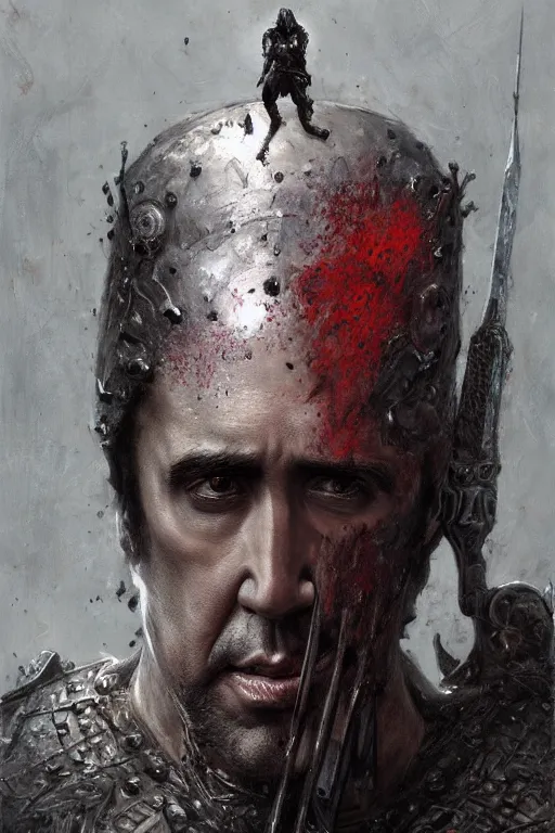 Image similar to Nicolas Cage as knight, dark fantasy, intricate, highly detailed, smooth, artstation, painted by Wayne Barlowe, Greg Rutkowski, zdislav beksinski, Francis Bacon