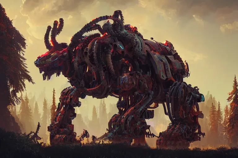 Image similar to behemoth machine mecanical creature robot of horizon forbidden west horizon zero dawn radiating a glowing aura global illumination ray tracing hdr fanart arstation by ian pesty and alena aenami artworks in 4 k