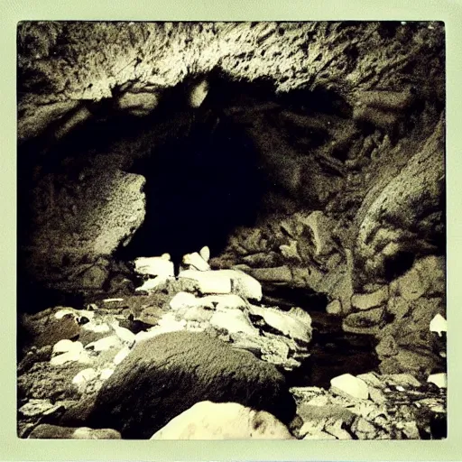 Prompt: a flooding cave, creepy, eerie, unsettling, terrifying, jagged rocks, dark, grainy, noisy, slightly blurry, polaroid, deep!!!!!, dark!!!
