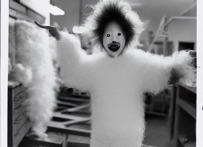 Image similar to realistic photo portrait of the person, white carnival fluffy mask no eyes no mouth, wearing hairy fluffy cotton shorts, dancing in the spacious wooden polished and fancy expensive wooden laboratory hall interior 1 9 9 0, life magazine reportage photo