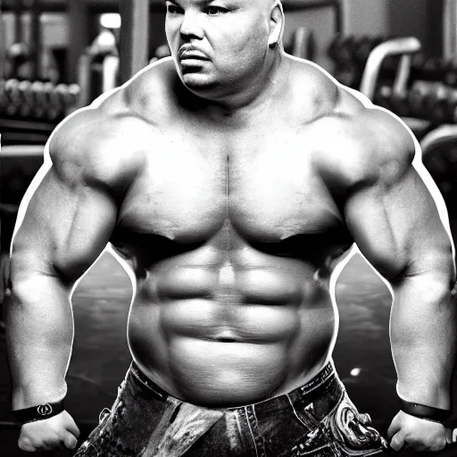 Image similar to fat Joe with the physique of a body builder, realistic, detailed, cinematic, dynamic lighting, photorealistic, refined, intricate, digital art, digital painting, masterpiece, gym background,