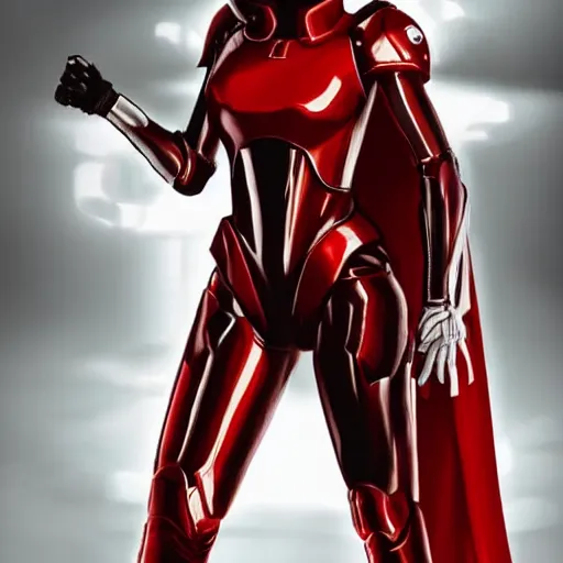 Image similar to portrait of a beautiful female soldier, no makeup, in glossy sleek white armor inspired by samus aran and a long red cape, heroic posture, determined expression, no helmet, on the surface of mars, cinematic, sci-fi, hyperrealistic, detailed