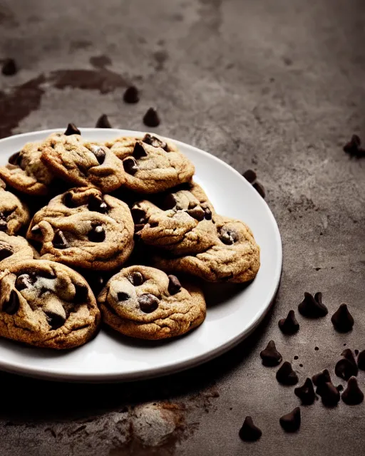 Image similar to plate full of several freshly baked chocolate chip cookies, delicious, glistening, chocolate sauce, highly detailed, award winning photography octane render