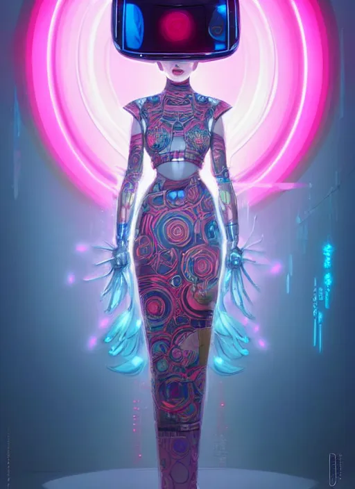 Image similar to wide angle portrait shot of female japanese android wearing a vr headgear and in an elaborate kimono dress, hologram hovering around her, intricate detail, cyber neon lighting, highly detailed, artstation, glamor pose, concept art, art by peter mohrbacher and artgerm and james jean, pinterest, artstation,