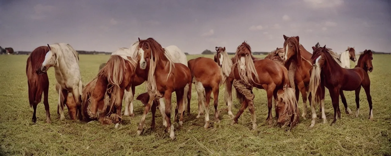 Image similar to horses eating spaghetti, battle of the somme, world war 1, canon 5 0 mm, kodachrome, in the style of wes anderson, retro