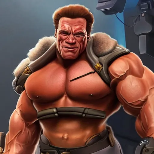 Image similar to a screenshot of arnold schwarzenegger as winston in overwatch