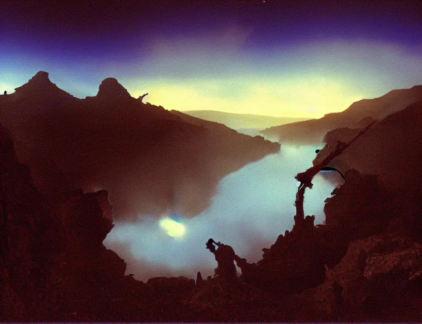 Image similar to wanderer, eerie, greek fantasy panorama, a magnificent lizard ghost giant above the magic shining river styx, at night, otherworldly, ghost giant above the horizon, stanley kubrick, 1 7 mm, wide shot, surreal, deep