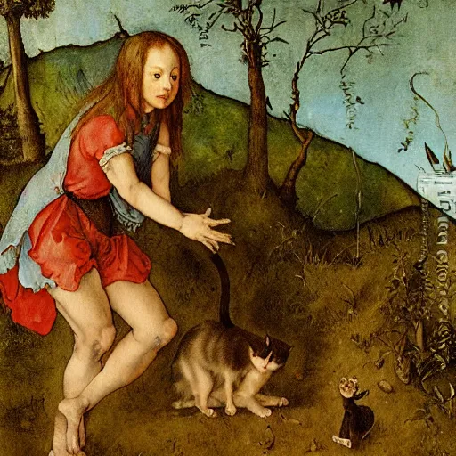 Image similar to oil painting of a girl trying to rescue a cat from a swamp by Albrecht Dürer