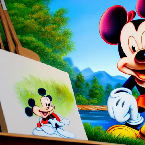 Image similar to a closeup photorealistic photograph of bob ross working on a canvas painting of mickey mouse. film still. brightly lit scene. mountains and trees. this 4 k hd image is trending on artstation, featured on behance, well - rendered, extra crisp, features intricate detail, epic composition and the style of unreal engine.