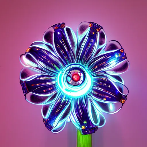 Image similar to a cybernetic iris flower, metallic, steel, glowing