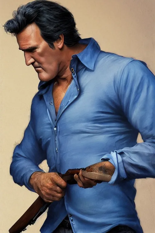 Prompt: Bruce Campbell in a blue bloody shirt with a double-barreled shotgun on his shoulder, the inscription Ash is gaining neck on top, innocent, intricate, elegant, highly detailed, digital painting, artstation, concept art, smooth, sharp focus, illustration, art by artgerm and greg rutkowski and alphonse mucha