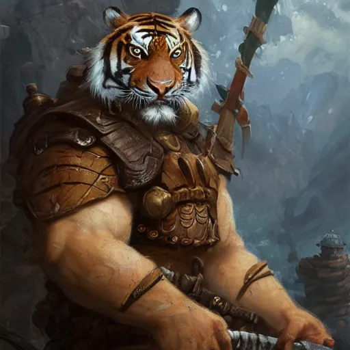 Image similar to a detailed portrait of a tiger with armor, by justin gerard and greg rutkowski, digital art, realistic painting, dnd, character design, trending on artstation