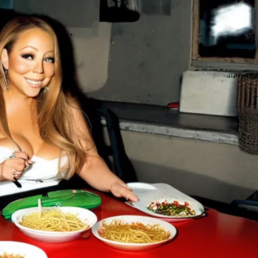 Image similar to mariah carey eating spaghetti, outside in parking lot